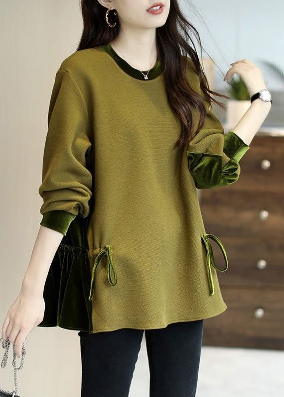 Loose Dark Green O-Neck Patchwork Drawstring Sweatshirts Top Long Sleeve