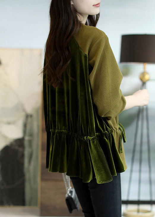 Loose Dark Green O-Neck Patchwork Drawstring Sweatshirts Top Long Sleeve