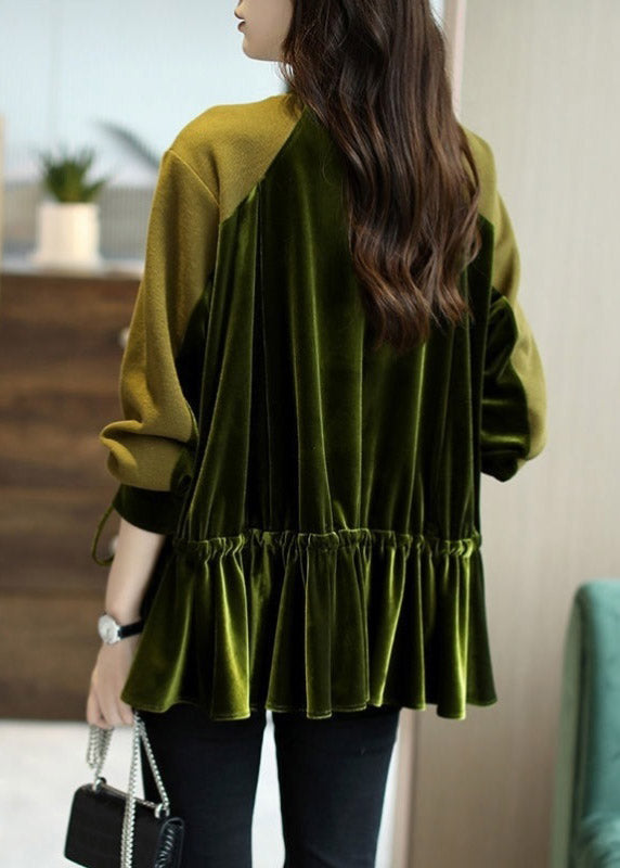 Loose Dark Green O-Neck Patchwork Drawstring Sweatshirts Top Long Sleeve