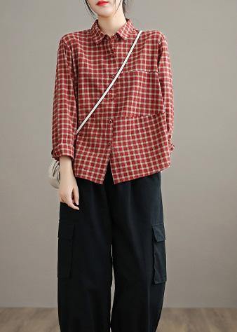Loose Lapel Patchwork Spring Blouse Sleeve Brown red Plaid Top