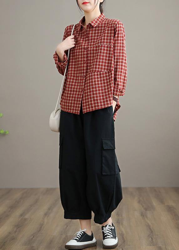 Loose Lapel Patchwork Spring Blouse Sleeve Brown red Plaid Top