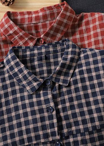 Loose Lapel Patchwork Spring Blouse Sleeve Brown red Plaid Top