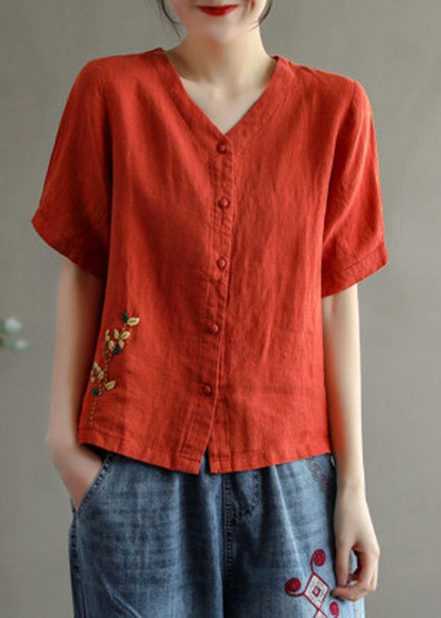 Loose Pink V Neck Embroideried Floral Summer cotton blend Shirt