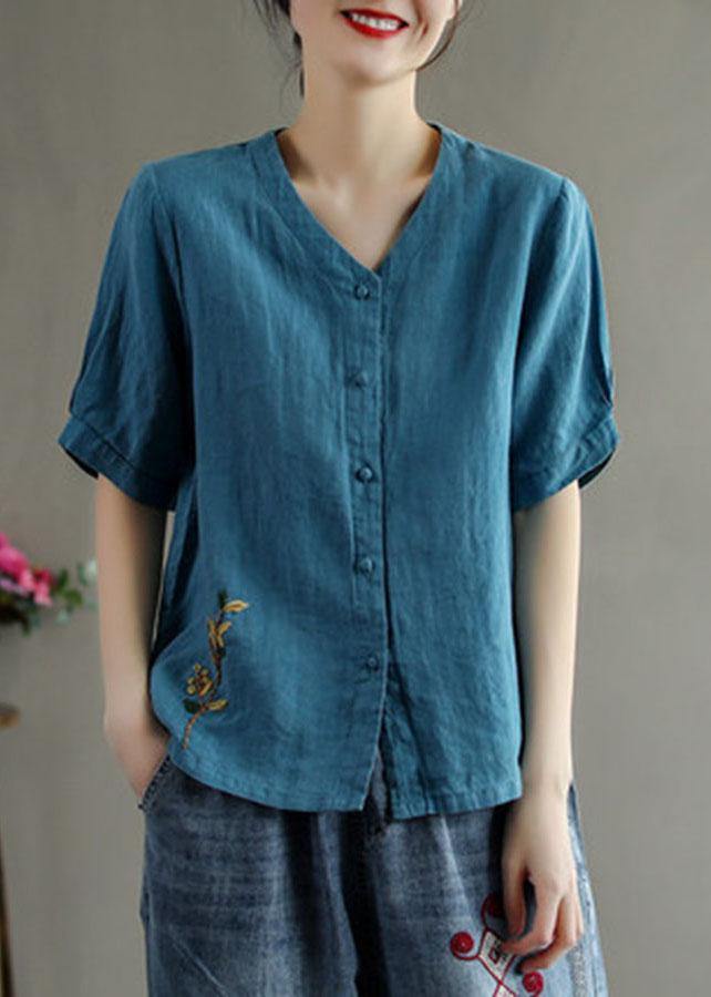 Loose Pink V Neck Embroideried Floral Summer cotton blend Shirt
