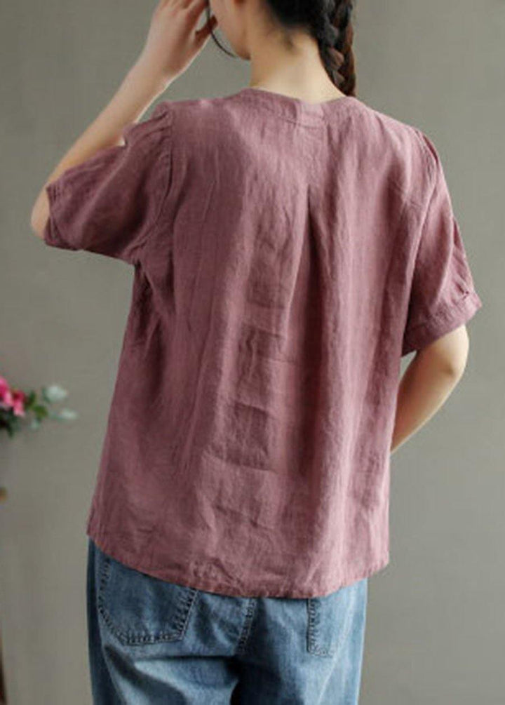 Loose Pink V Neck Embroideried Floral Summer cotton blend Shirt