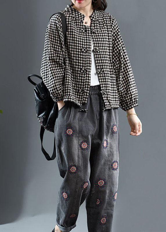 Luxury Black O-Neck Plaid Fall Long Sleeve Trench