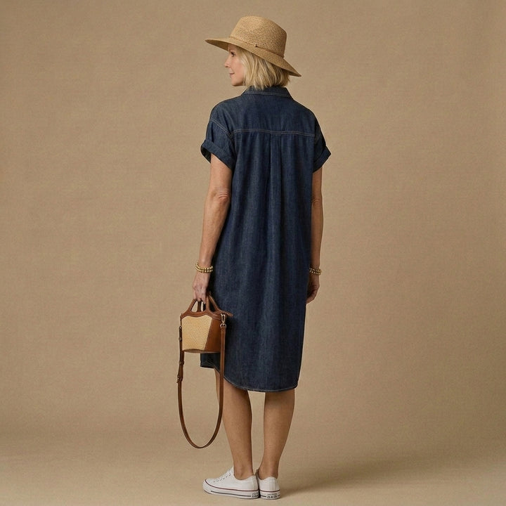 Women Navy Solid Color Peter Pan Collar Button Cotton Denim Dresses Short Sleeve