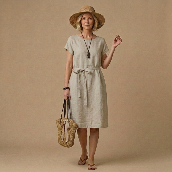 Art Beige O-Neck Tie Waist Linen Mid Dresses Short Sleeve