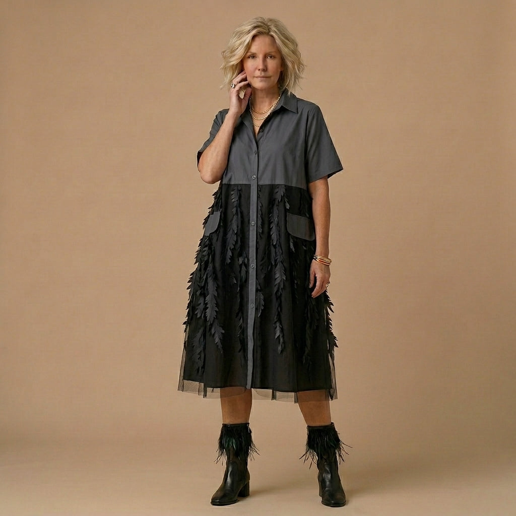 Beautiful lapel tulle Cotton summer clothes For Women Shape black Dress