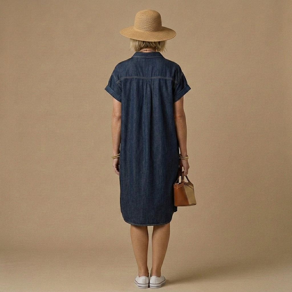 Women Navy Solid Color Peter Pan Collar Button Cotton Denim Dresses Short Sleeve
