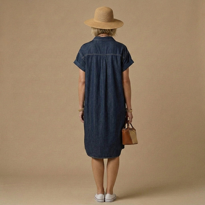 Women Navy Solid Color Peter Pan Collar Button Cotton Denim Dresses Short Sleeve