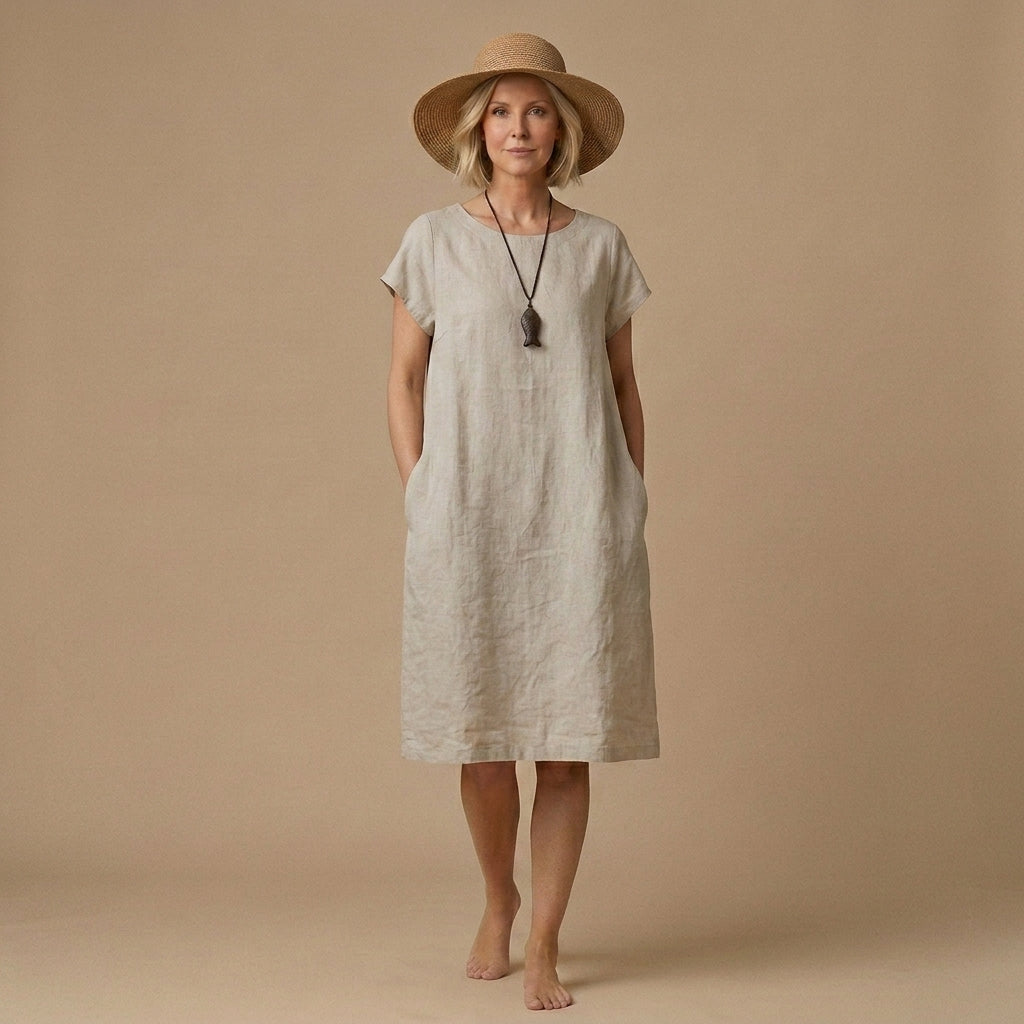 Art Beige O-Neck Tie Waist Linen Mid Dresses Short Sleeve