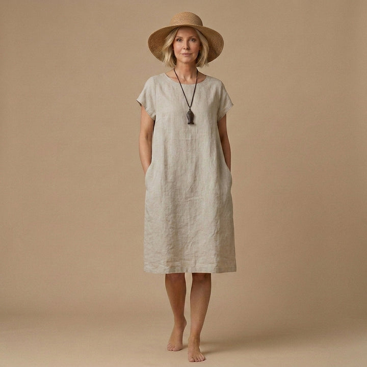 Art Beige O-Neck Tie Waist Linen Mid Dresses Short Sleeve