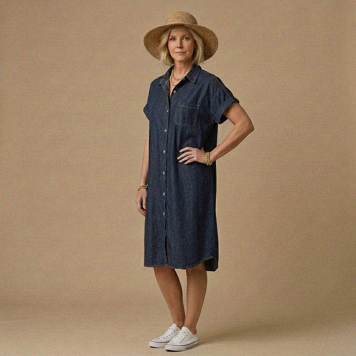 Women Navy Solid Color Peter Pan Collar Button Cotton Denim Dresses Short Sleeve
