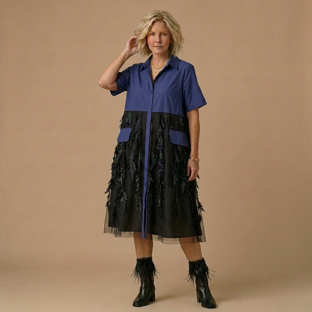 Beautiful lapel tulle Cotton summer clothes For Women Shape black Dress