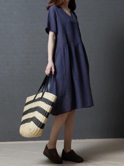 Modern v neck Cinched cotton dress Shirts navy plaid Dress