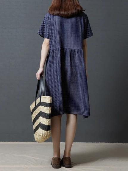 Modern v neck Cinched cotton dress Shirts navy plaid Dress