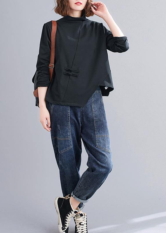 Natural black Blouse high neck Chinese Button Knee tops