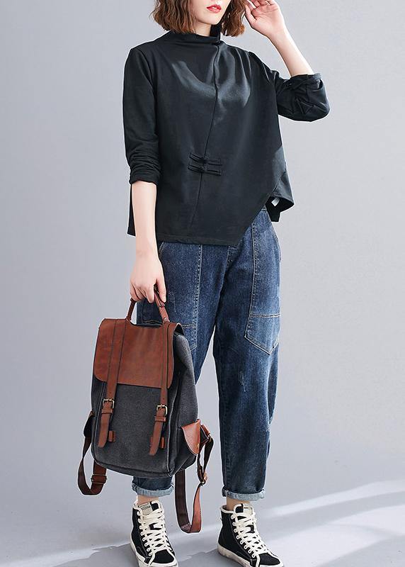 Natural black Blouse high neck Chinese Button Knee tops