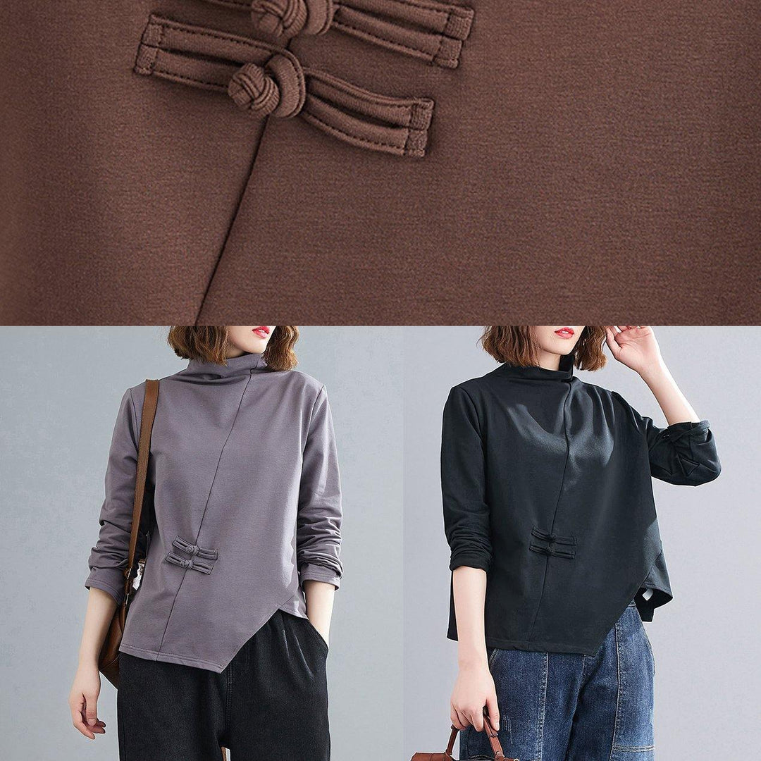 Natural black Blouse high neck Chinese Button Knee tops