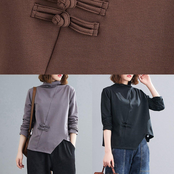 Natural black Blouse high neck Chinese Button Knee tops