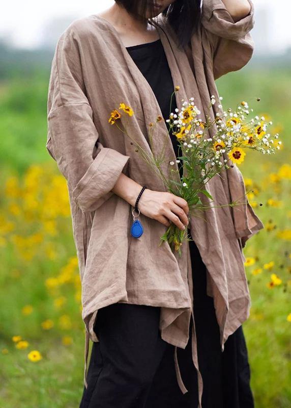 Natural linen top silhouette plus size Casual Pure Color Lacing Long Sleeve Coat