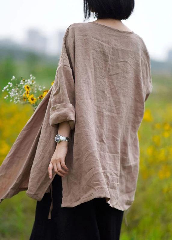 Natural linen top silhouette plus size Casual Pure Color Lacing Long Sleeve Coat