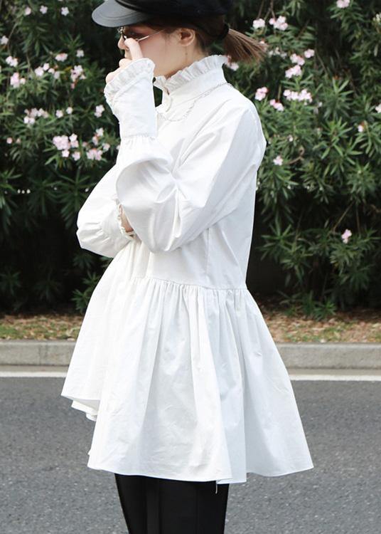 Natural white cotton clothes For Women ruffles stand collar loose summer blouse