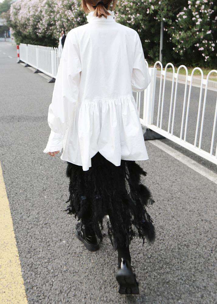 Natural white cotton clothes For Women ruffles stand collar loose summer blouse
