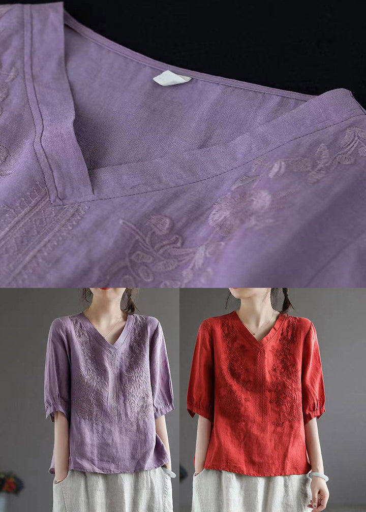 Purple V Neck Floral Embroideried T Shirt Half Sleeve