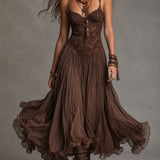 Abito Maxi in Chiffon con Pannelli in Pizzo Marrone Scuro