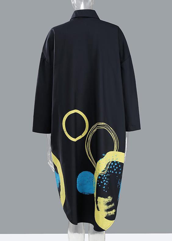 Spring Plus Size Woman Black Shirt Circle Patterns Printed Dresses
