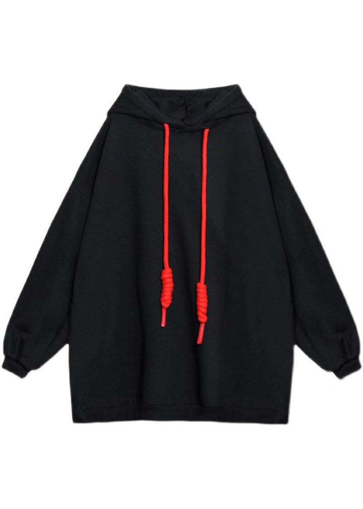 Style Black hooded Pockets Drawstring Fall Loose Sweatshirts Top