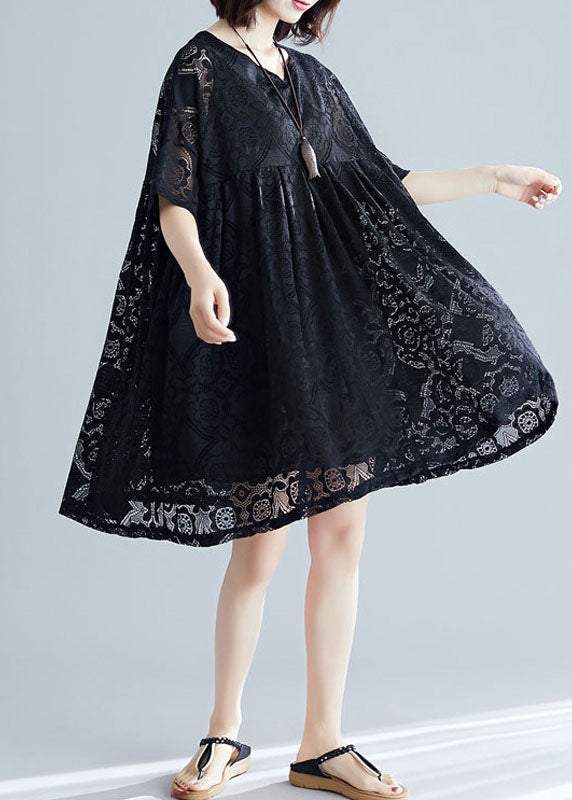 2025 Black V Neck Wrinkled Exra Large Hem Lace A Line Dress Short Sleeve