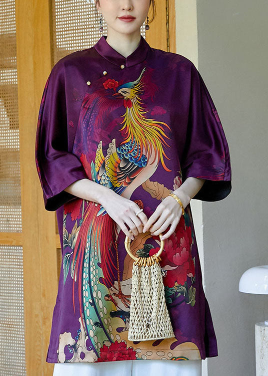 2025 Purple Mandarin Collar Side Open Print Silk Dresses Bracelet Sleeve