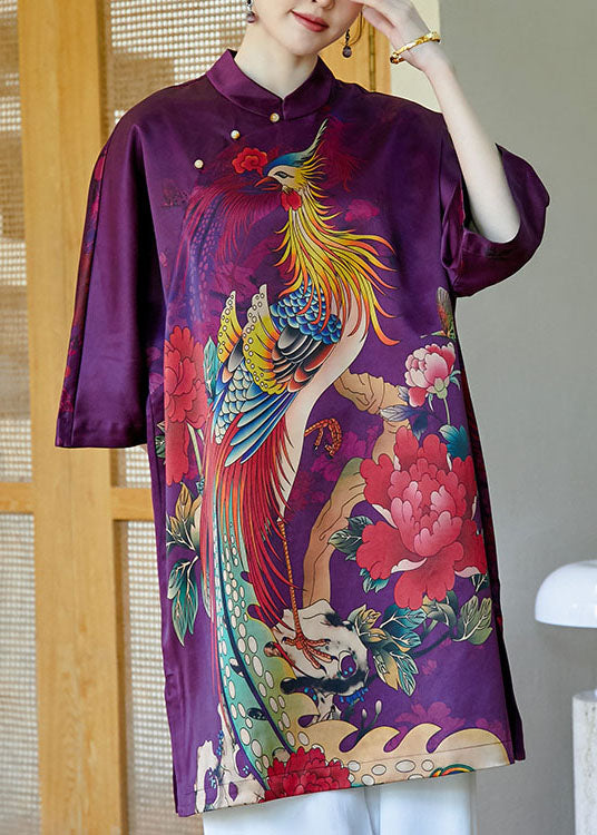 2025 Purple Mandarin Collar Side Open Print Silk Dresses Bracelet Sleeve