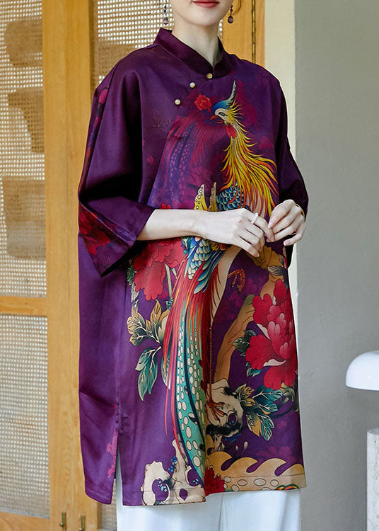 2025 Purple Mandarin Collar Side Open Print Silk Dresses Bracelet Sleeve