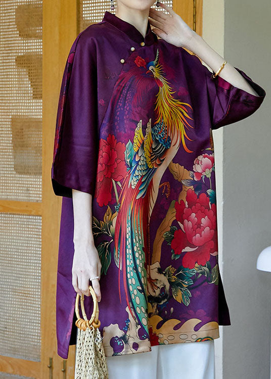 2025 Purple Mandarin Collar Side Open Print Silk Dresses Bracelet Sleeve