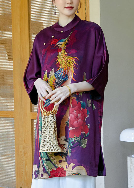 2025 Purple Mandarin Collar Side Open Print Silk Dresses Bracelet Sleeve