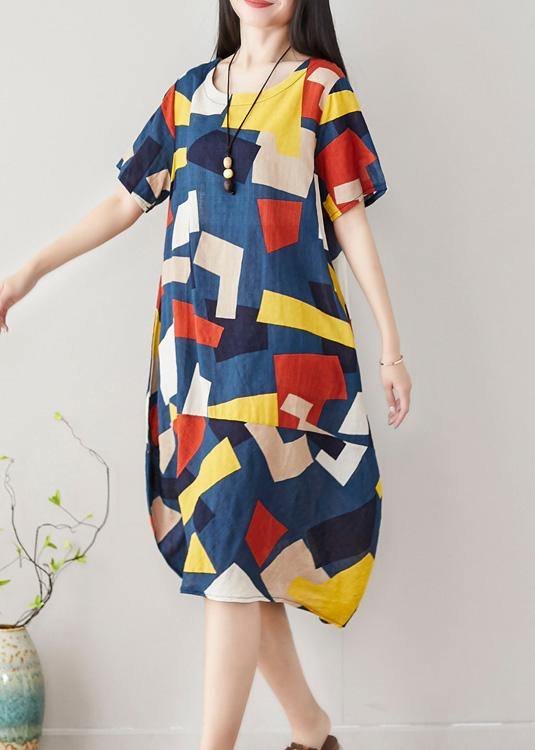 Unique blue asymmetric plaid Cotton dresses short sleeve Art summer Dress