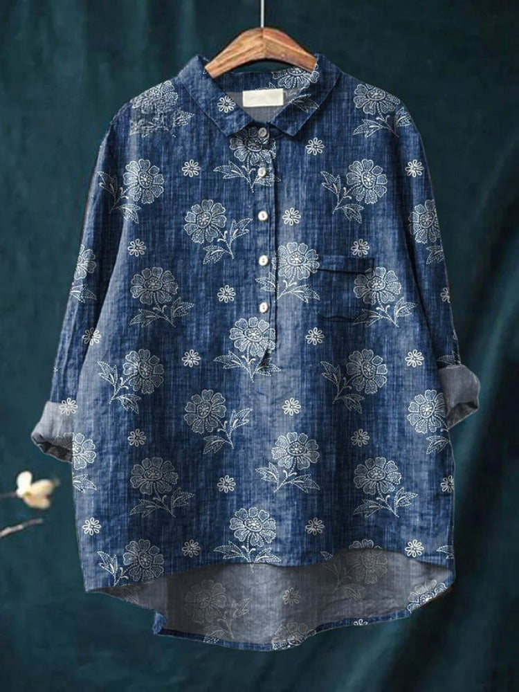 Alessia™ | Blusa in Lino Senza Tempo con Motivo