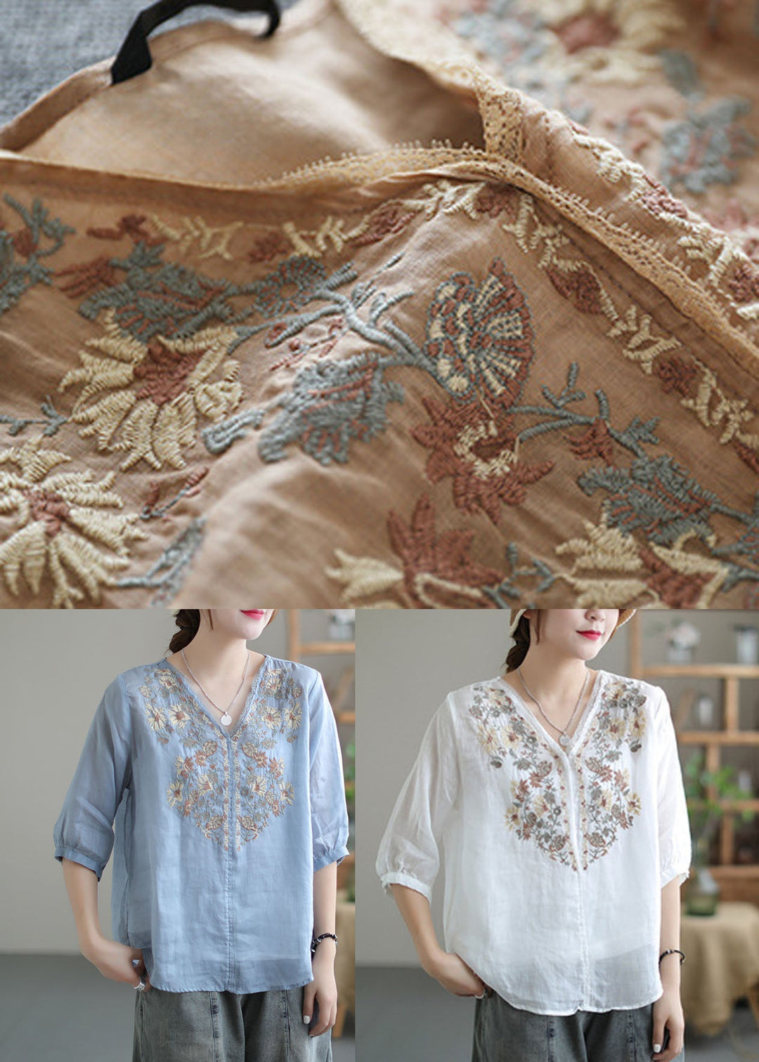 Vintage Khaki Embroideried Lace Patchwork Linen Shirt Top Half Sleeve