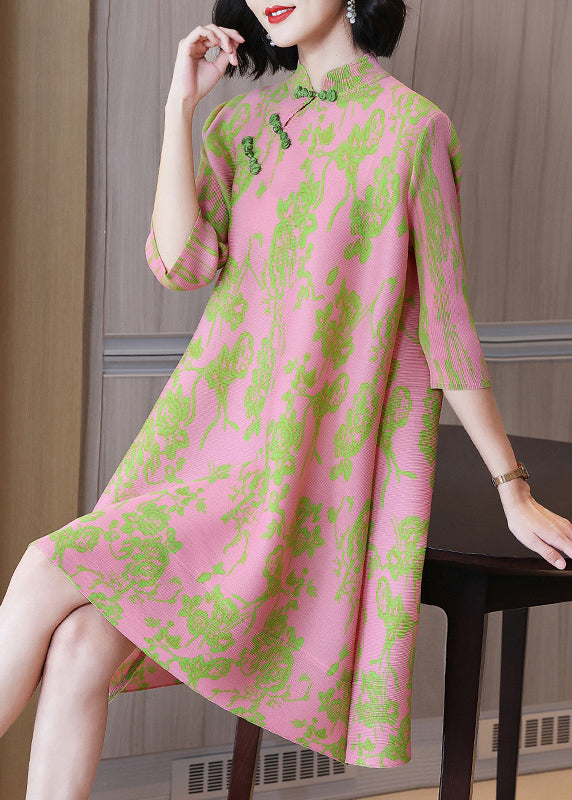 Vintage Pink Mandarin Collar Wrinkled Silk Oriental Dresses Half Sleeve
