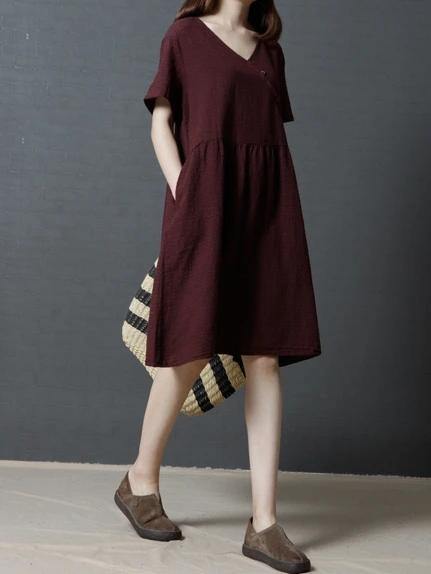 Vivid burgundy plaid linen cotton clothes For Women v neck Cinched daily Dresses