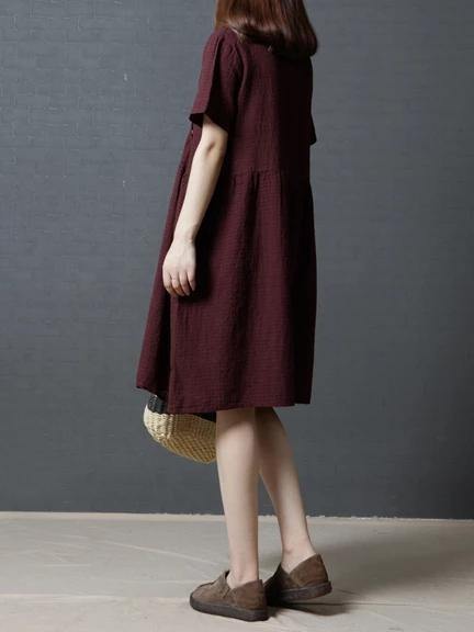 Vivid burgundy plaid linen cotton clothes For Women v neck Cinched daily Dresses