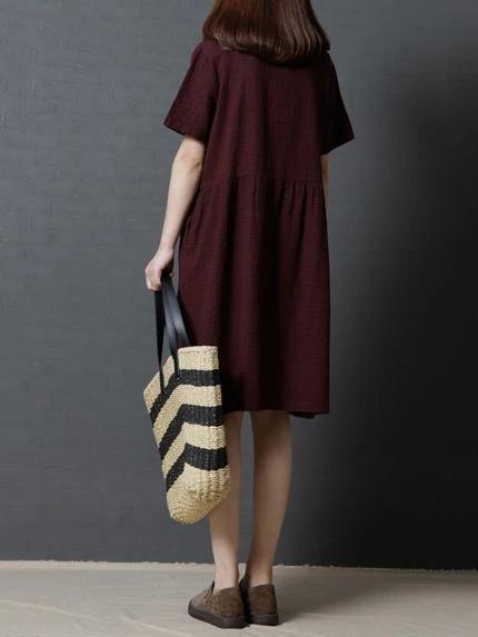 Vivid burgundy plaid linen cotton clothes For Women v neck Cinched daily Dresses