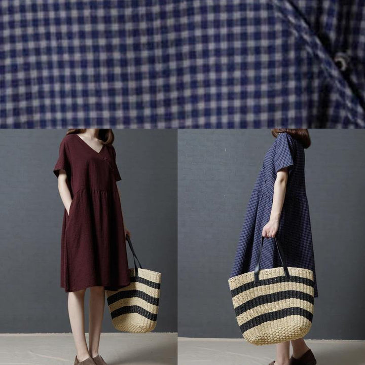 Vivid burgundy plaid linen cotton clothes For Women v neck Cinched daily Dresses