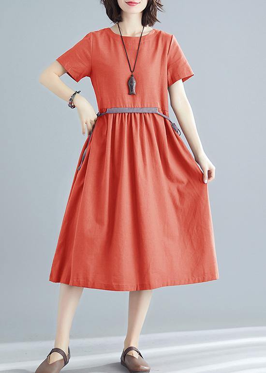 Vivid orange red cotton linen clothes For Women o neck tie waist Robe summer Dress