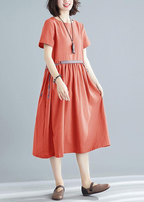 Vivid orange red cotton linen clothes For Women o neck tie waist Robe summer Dress