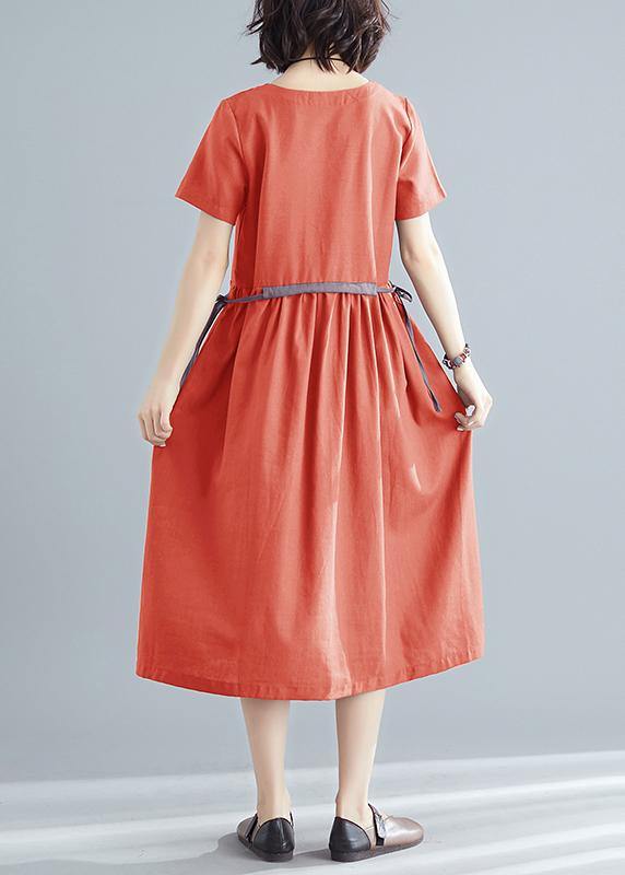 Vivid orange red cotton linen clothes For Women o neck tie waist Robe summer Dress